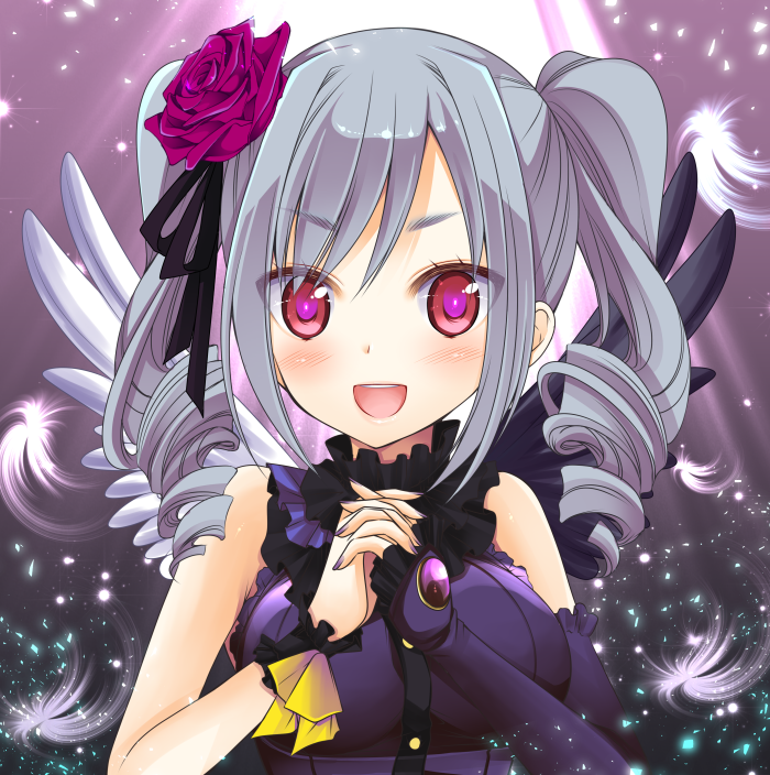 asymmetrical_wings bare_shoulders blush drill_hair hands_clasped idolmaster idolmaster_cinderella_girls kanzaki_ranko long_hair looking_at_viewer open_mouth own_hands_together red_eyes rosenburg_engel sakura_hanatsumi short_hair silver_hair smile solo twin_drills twintails wings