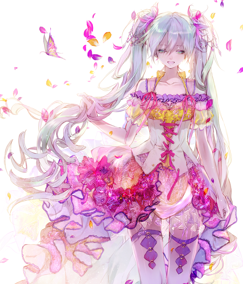 aqua_eyes aqua_hair bug butterfly corset dress flower hair_ornament half-closed_eyes hatsune_miku holding holding_hair insect jewelry long_hair open_mouth petals puffy_short_sleeves puffy_sleeves see-through short_sleeves smile solo thighhighs tsukioka_tsukiho twintails very_long_hair vocaloid