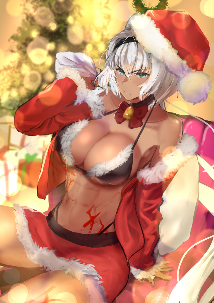 1girl alternate_costume animal_ears bangs bare_shoulders bell black_bikini_top blue_eyes bow breasts caenis_(fate) christmas_gift christmas_tree cleavage coat couch cowboy_shot dark_skin eyebrows_visible_through_hair fate/grand_order fate_(series) fur_trim hair_intakes hairband hat highleg highleg_panties jikihatiman large_breasts long_hair muscle muscular_female navel panties red_bow red_coat red_skirt sack santa_hat sitting skirt smile solo tattoo underwear white_hair