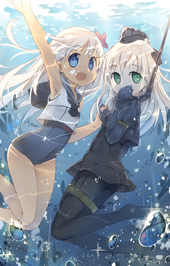 blonde_hair blue_eyes cropped_jacket dual_persona flower fred04142 gloves green_eyes hair_flower hair_ornament hat headgear kantai_collection long_hair multiple_girls ro-500_(kantai_collection) smile swimsuit tan u-511_(kantai_collection) underwater