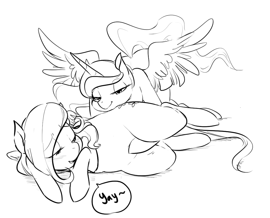 2015 blush cute cutie_mark duo english_text equine female female/female feral fluttershy_(mlp) friendship_is_magic from_behind glacierclear hair half-closed_eyes horn horse long_hair lying mammal my_little_pony on_side pegasus princess_luna_(mlp) smile text winged_unicorn wings