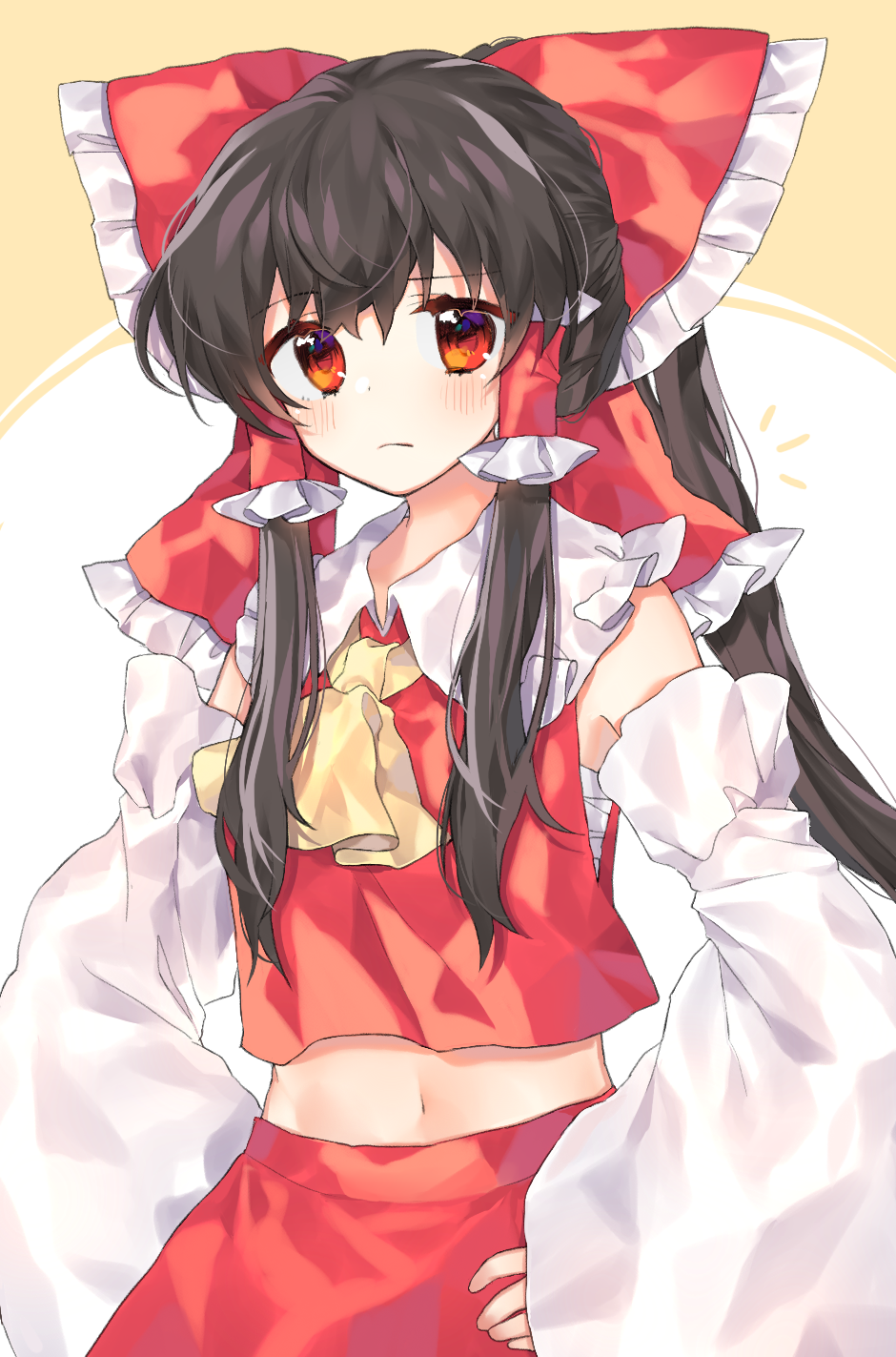 1girl ascot bangs bare_shoulders black_hair blush bow cheunes closed_mouth collared_shirt crop_top crop_top_overhang detached_sleeves eyebrows_visible_through_hair frilled_shirt_collar frills frown hair_bow hair_tubes hakurei_reimu hands_on_hips highres long_hair long_sleeves looking_at_viewer midriff navel ponytail red_bow red_eyes red_shirt red_skirt shirt sidelocks skirt skirt_set sleeves_past_wrists solo touhou two-tone_background upper_body white_background wide_sleeves yellow_background yellow_neckwear