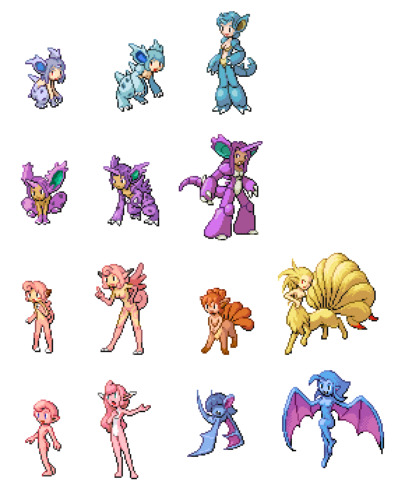 animalization breasts centauroid child claws cleavage clefable clefairy commentary_request full_body gen_1_pokemon genderswap genderswap_(mtf) golbat horn jigglypuff monster_girl multiple_tails nidoking nidoqueen nidoran nidorina nidorino ninetales personification pixel_art pointy_ears pokemon small_breasts tail transparent_background vulpix wigglytuff wings zubat