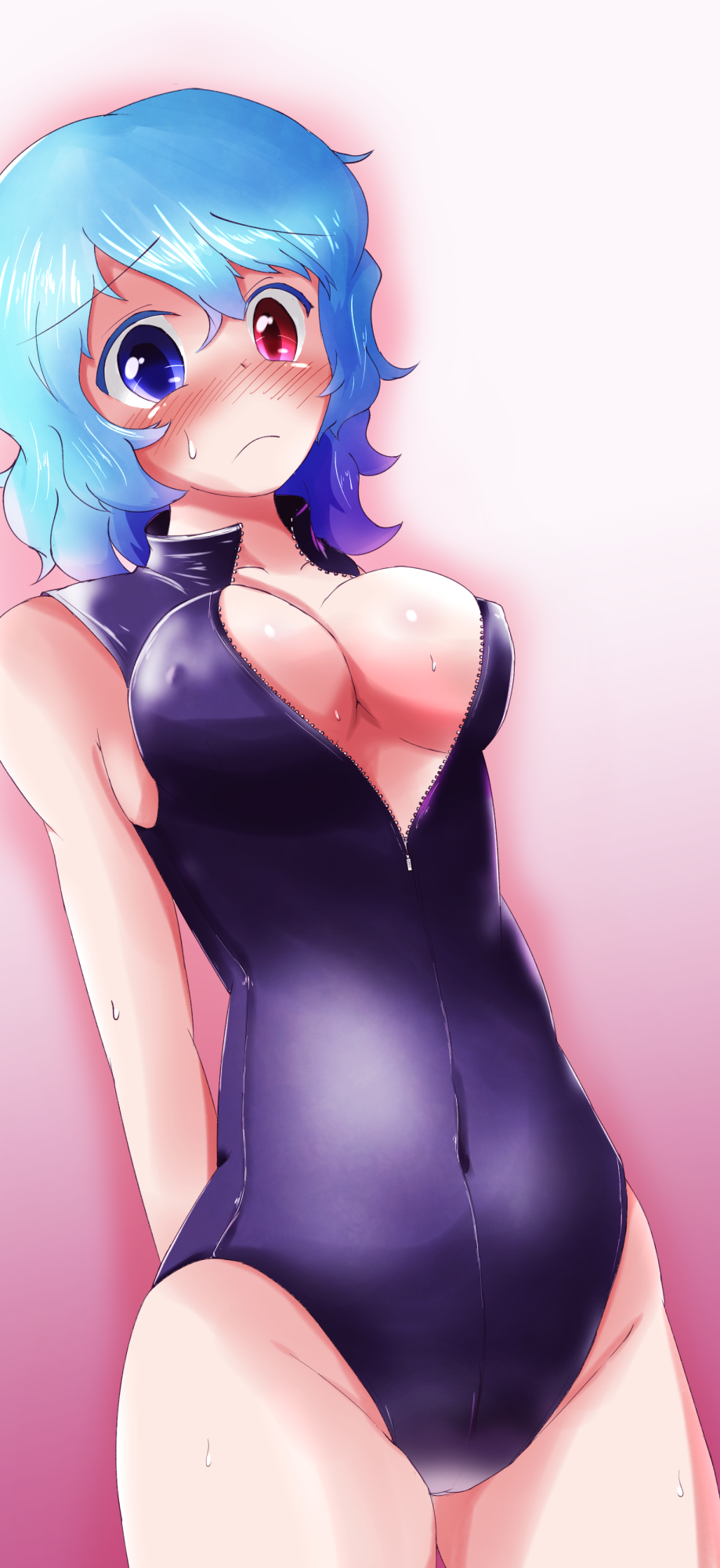 arms_behind_back blue_eyes blue_hair blush breasts cleavage collarbone covered_navel covered_nipples cowboy_shot dorian embarrassed front_zipper_swimsuit frown gradient gradient_background heterochromia highres large_breasts looking_at_viewer meme_attire one-piece_swimsuit pink_background red_eyes short_hair shy solo sweatdrop swimsuit tatara_kogasa touhou unzipped