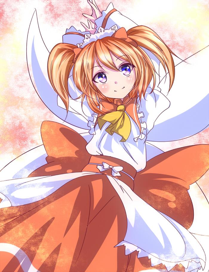 arms_up aya-on_(miria00) bow dress hair_bow orange_hair ribbon short_hair smile solo sunny_milk touhou twintails wings