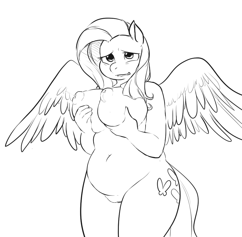 2015 anthro anthrofied big_breasts biting_lip black_and_white breasts chubby cutie_mark equine female fluttershy_(mlp) friendship_is_magic glacierclear hair hand_on_breast lactating mammal milk monochrome my_little_pony navel nipples pegasus pussy solo wings