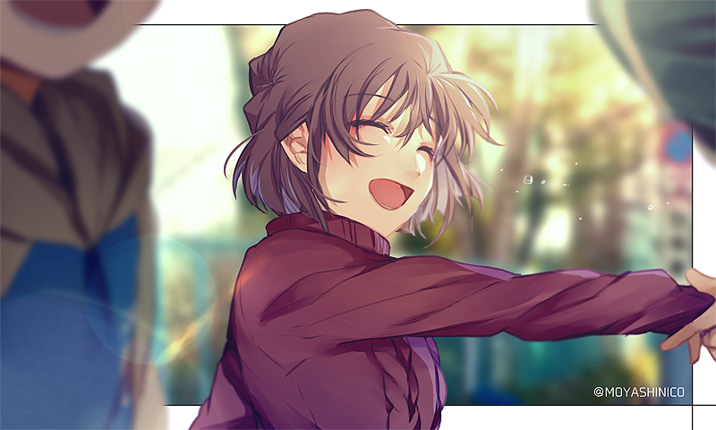 1boy 1girl :d blurry blurry_background blurry_foreground brown_hair eyes_closed haibara_ai lens_flare long_sleeves meitantei_conan monicanc open_mouth outstretched_arm red_sweater short_hair smile sweater twitter_username