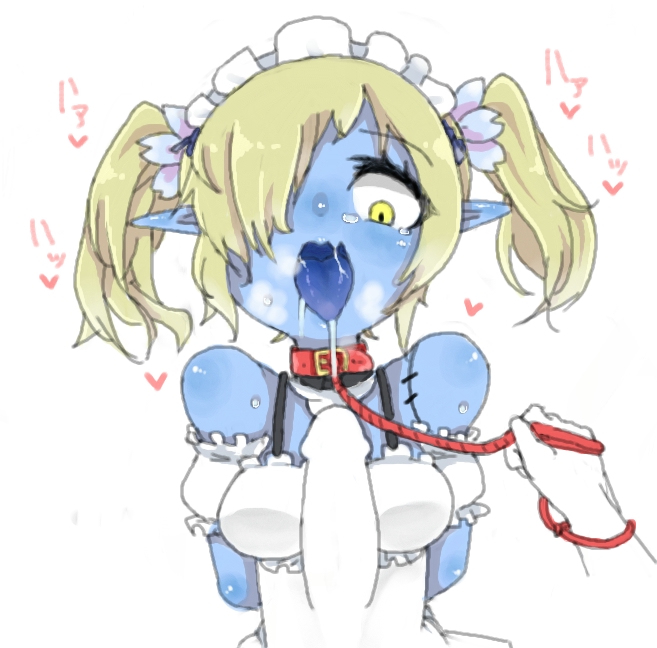 1girl bare_shoulders bdsm blonde_hair blue_skin breasts collar disgaea hair_over_one_eye leash maid maid_(disgaea) maid_uniform negationtenmaru open_mouth penis pointy_ears saliva slave twintails yellow_eyes zombie