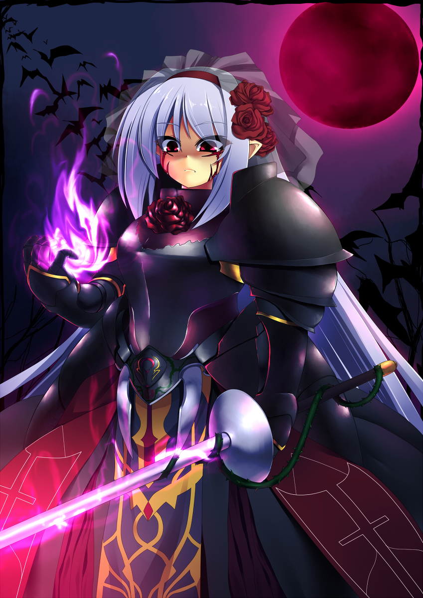 armor dark_knight frown glow glowing havuwx red_eyes rei_shabu silver_hair sword very_long_hair