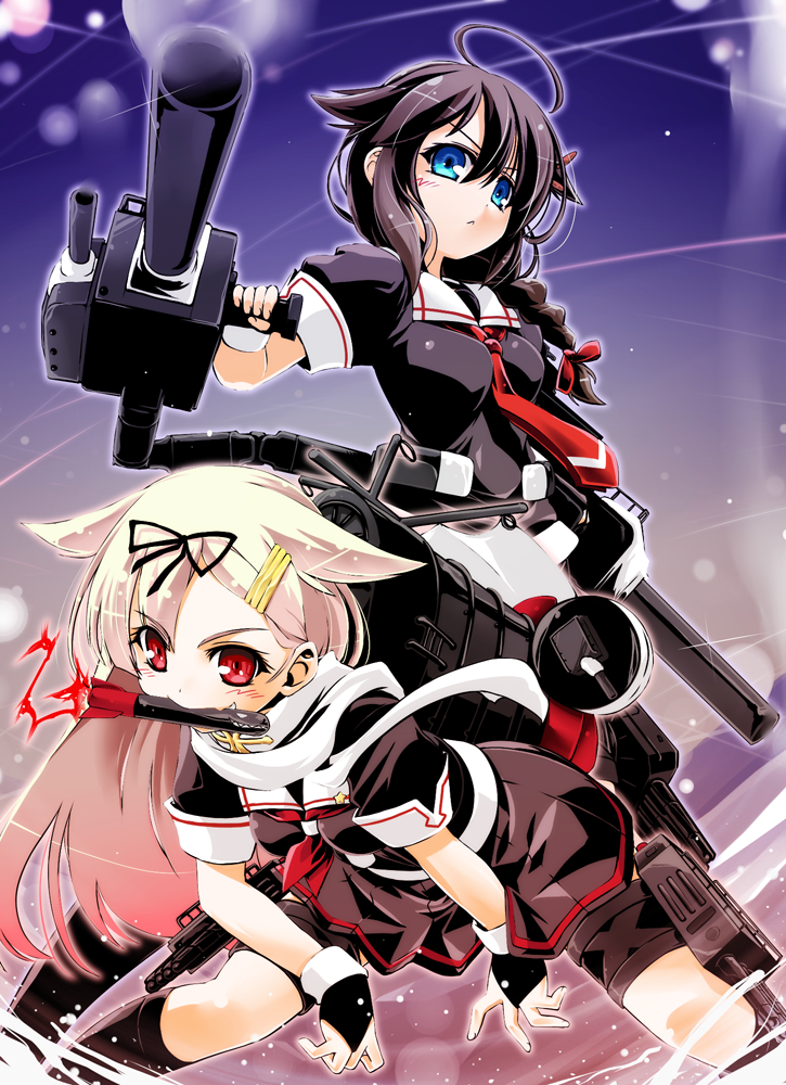 :&lt; ahoge bangs between_breasts black_hair blonde_hair blue_eyes braid breasts cannon closed_mouth fingerless_gloves foreshortening gloves gradient_hair hair_between_eyes hair_flaps hair_ornament hair_ribbon hairclip hisame_genta holding holding_weapon kantai_collection kneehighs long_hair looking_at_viewer machinery mouth_hold multicolored_hair multiple_girls neckerchief necktie pleated_skirt red_eyes red_neckwear remodel_(kantai_collection) ribbon scarf school_uniform serafuku shigure_(kantai_collection) single_braid skirt sky smile torpedo turret v-shaped_eyebrows weapon white_scarf yuudachi_(kantai_collection)