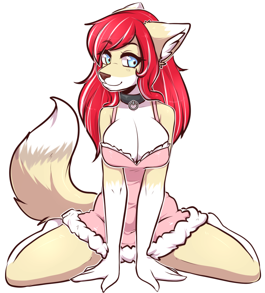 2015 anthro blue_eyes canine cleavage clothed clothing collar dress female hair kneeling looking_at_viewer mammal red_hair smile white_highlights zyira