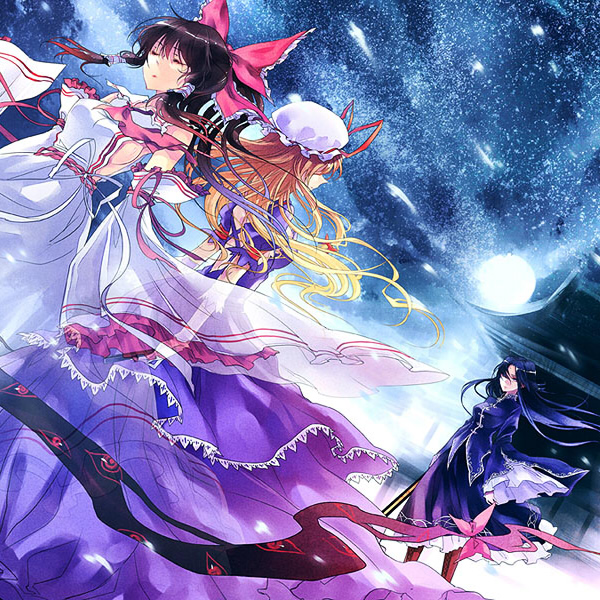 alternate_color black_hair blonde_hair blue_hair boots breasts character_request closed_eyes detached_sleeves dutch_angle gap hair_ribbon hakurei_reimu hat kieta long_hair medium_breasts moon multiple_girls night night_sky ribbon sideboob sky star_(sky) starry_sky touhou white_sleeves yakumo_yukari