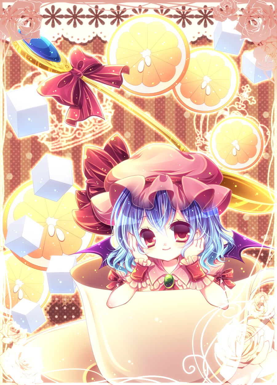 bat_wings blue_hair cake chin_rest cup doily flower food fruit hat highres lemon md5_mismatch momomiya_mion red_eyes remilia_scarlet ribbon rose short_hair solo spoon striped striped_background sugar_cube teacup touhou wings wrist_cuffs