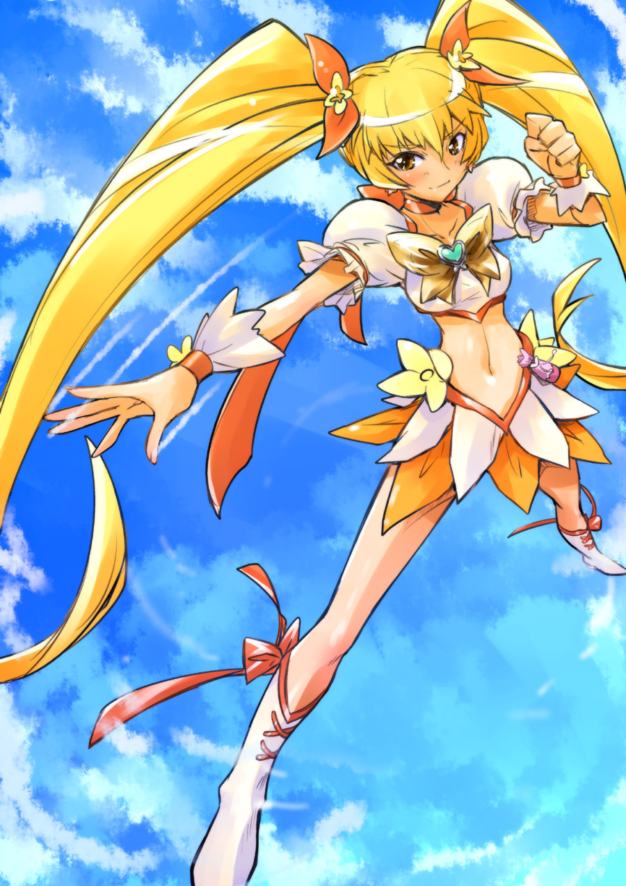blonde_hair blue_background boots bow choker cloud cure_sunshine day flying hair_ribbon heart heartcatch_precure! highres knee_boots long_hair magical_girl midriff myoudouin_itsuki navel orange_bow orange_choker orange_skirt precure ribbon skirt sky solo twintails umiushi_(poyopacho) wrist_cuffs yellow_bow yellow_eyes