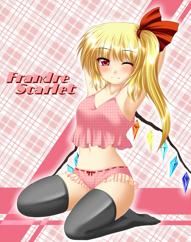 armpits arms_behind_head arms_up blonde_hair bow bow_panties camisole fang flandre_scarlet frilled_panties frills kagura_chitose lingerie one_eye_closed panties pink_panties plaid plaid_panties red_eyes short_hair side_ponytail solo thighhighs touhou underwear wings