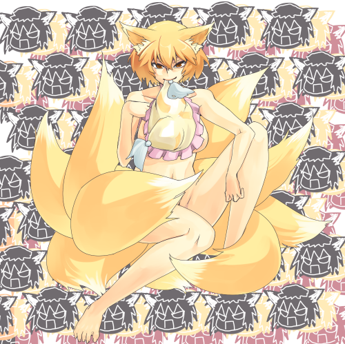 animal_ears bad_id bad_pixiv_id blonde_hair fox_ears fox_tail hat lies_(artist) lowres mouth_hold multiple_tails nude short_hair solo tail touhou yakumo_ran