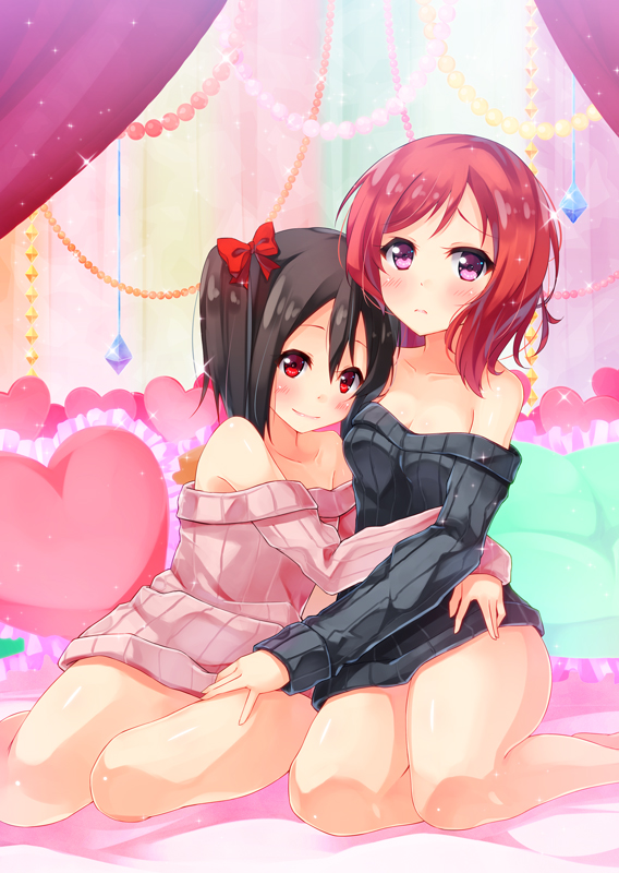 bare_legs bare_shoulders beads black_hair bottomless bow frilled_pillow frills hair_bow hand_on_another's_thigh heart heart_pillow hug looking_at_viewer love_live! love_live!_school_idol_project multiple_girls nishikino_maki off_shoulder pillow purple_eyes red_bow red_eyes red_hair ribbed_sweater short_hair sitting smile sparkle sweater syuurin twintails yazawa_nico yokozuwari yuri