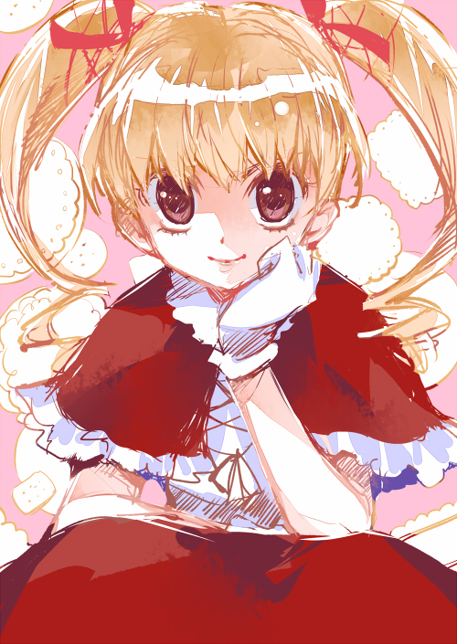 biscuit_krueger blonde_hair capelet chiyo_(rotsurechiriha) dress drill_hair frills gloves hair_ribbon hand_on_own_cheek hunter_x_hunter long_hair looking_at_viewer red_eyes ribbon smile solo twintails white_gloves