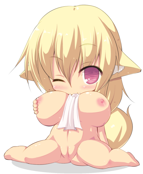 anatomical_nonsense animal_ears bad_anatomy blonde_hair blush breasts chibi cleft_of_venus commentary_request full_body huge_breasts kourourin looking_at_viewer mouth_hold nipples nude one_eye_closed original purple_eyes pussy smile solo tail towel uncensored