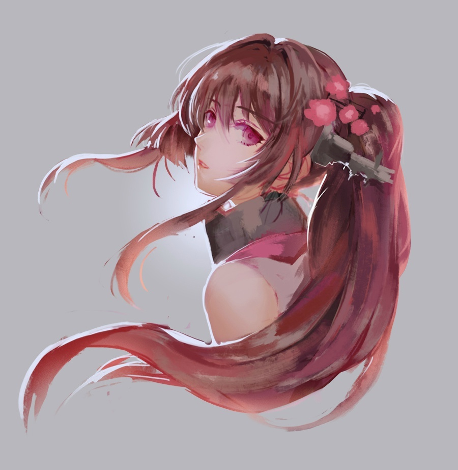 brown_hair flower hair_flower hair_ornament kantai_collection kzcjimmy long_hair ponytail purple_eyes solo upper_body yamato_(kantai_collection)