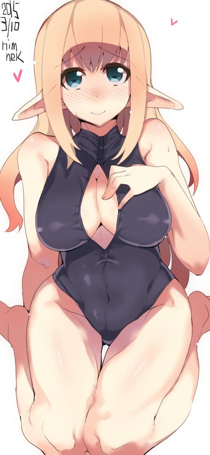 2015 artist_name barefoot black_swimsuit blonde_hair blue_eyes blush breasts center_opening covered_navel dated elf front_zipper_swimsuit hand_on_own_chest heart large_breasts long_hair meme_attire one-piece_swimsuit original osuman_toruko pointy_ears sidelocks sitting smile solo sweat swimsuit wariza