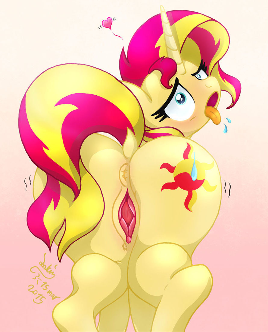 &lt;3 2015 anus butt cutie_mark cyan_eyes dock equestria_girls equine female feral fur hair horn joakaha mammal my_little_pony open_mouth pussy solo sunset_shimmer_(eg) tongue tongue_out two_tone_hair unicorn yellow_fur