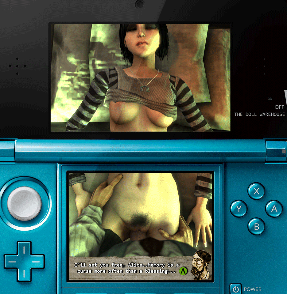 1boy 1girl 3d 3ds alice:_madness_returns alice_liddell american_mcgee's_alice american_mcgee's_alice angus_bumby animated animated_gif areolae bed black_hair bottomless bouncing_breasts breasts clothed_sex dialogue dress dress_lift eyeshadow jewelry makeup missionary navel necklace nintendo_3ds nipples penis pov pubic_hair rape sex shirt_lift short_hair the_doll_warehouse thighhighs uncensored vaginal