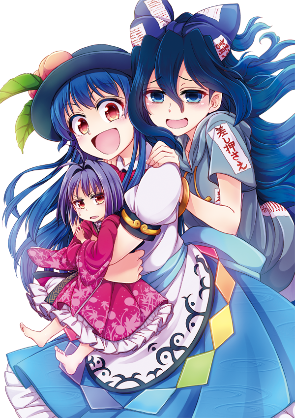 bangs barefoot black_hat blouse blue_bow blue_eyes blue_hair blue_skirt bow commentary_request debt drawstring feet food frills fruit grey_hoodie hair_between_eyes hair_bow hand_on_another's_shoulder hat hinanawi_tenshi hood hood_down hoodie japanese_clothes kimono long_hair looking_at_viewer mikagami_hiyori minigirl multiple_girls needle open_mouth peach purple_hair red_eyes red_kimono short_hair short_sleeves simple_background skirt smile standing sukuna_shinmyoumaru sweatdrop touhou very_long_hair wavy_hair white_background white_blouse yorigami_shion
