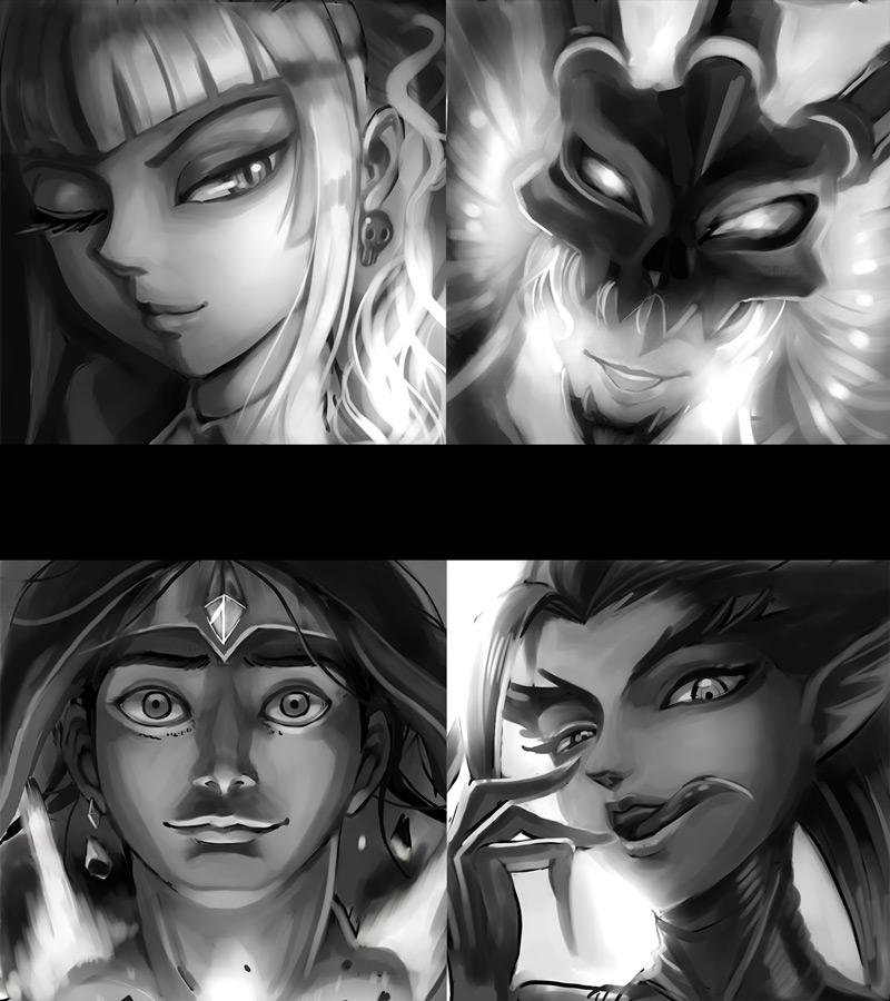 2girls :p annie_hastur chan_qi_(fireworkhouse) earrings jewelry league_of_legends licking_lips long_tongue looking_at_viewer monochrome multiple_boys multiple_girls one_eye_closed open_mouth pointy_ears sharp_teeth skull_earrings smile taric teeth thresh tongue tongue_out zyra