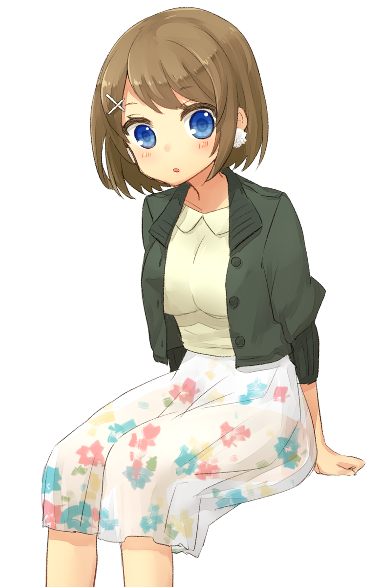 :o bad_id bad_pixiv_id bangs blouse blue_eyes brown_hair casual earrings hair_ornament hairclip highres jacket jewelry kantai_collection long_sleeves looking_at_viewer maya_(kantai_collection) open_clothes open_jacket parted_bangs sawatari_(sado) short_hair simple_background sitting skirt solo white_background
