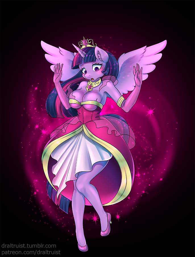 2018 armwear breasts cleavage clothed clothing crown draltruist dress elbow_gloves equine female friendship_is_magic gloves horn jewelry mammal my_little_pony necklace purple_theme sparkles tiara transformation twilight_sparkle_(mlp) winged_unicorn wings