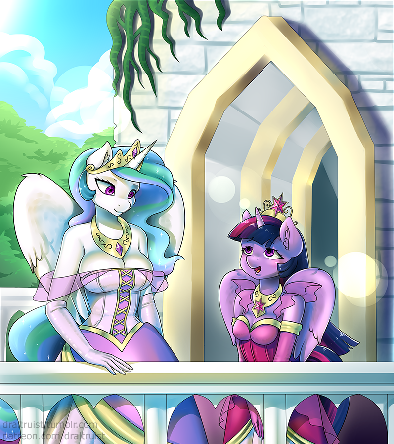 2018 armwear breasts cleavage clothed clothing crown draltruist dress duo elbow_gloves equine female friendship_is_magic gloves horn lens_flare mammal my_little_pony princess_celestia_(mlp) purple_eyes tiara twilight_sparkle_(mlp) winged_unicorn wings