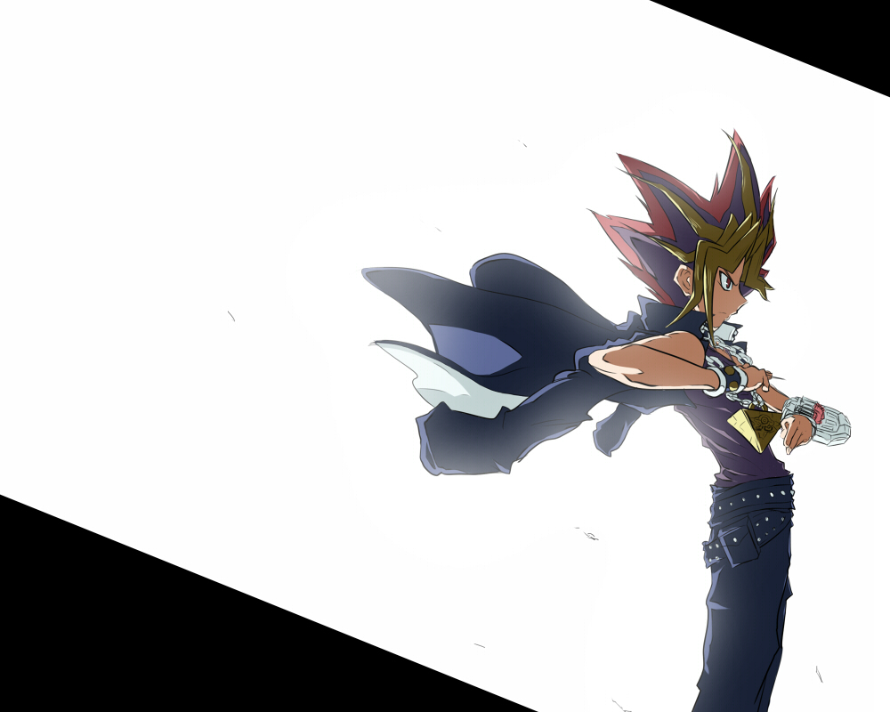 belt cape chain coat duel_disk jewelry male_focus millennium_puzzle muumuu pendant simple_background solo yami_yuugi yuu-gi-ou yuu-gi-ou_duel_monsters