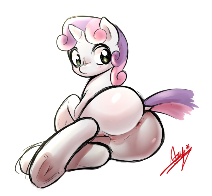 2015 anus butt dock equine female feral friendship_is_magic hair hooves horn mammal my_little_pony plain_background pussy solo starykrow sweetie_belle_(mlp) two_tone_hair unicorn white_background young