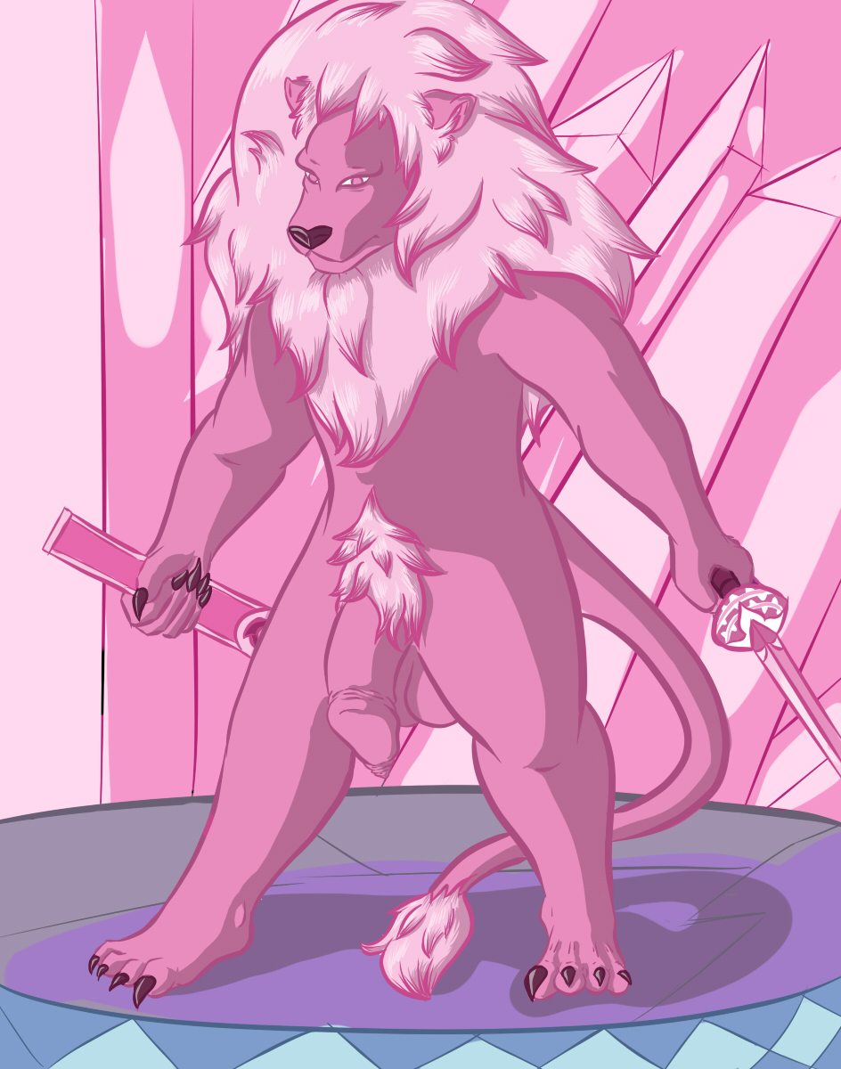 4_toes anthro balls claws crystals feet feline flaccid fur lion lion_(steven_universe) male mammal mane nude penis pink_body pink_fur pubes scabbard steven_universe sword toe_claws toes tuft uncut velrizoth weapon