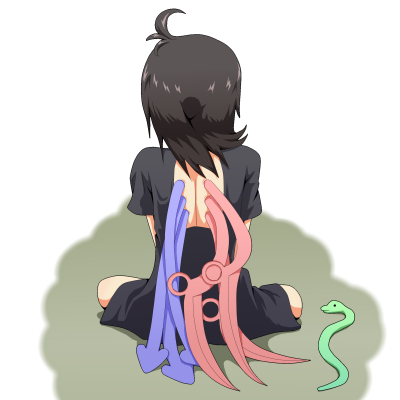 ahoge asymmetrical_wings backless_outfit black_dress black_hair blue_wings dress facing_away from_behind houjuu_nue red_wings shadow short_hair short_sleeves silane simple_background sitting snake solo touhou white_background wings