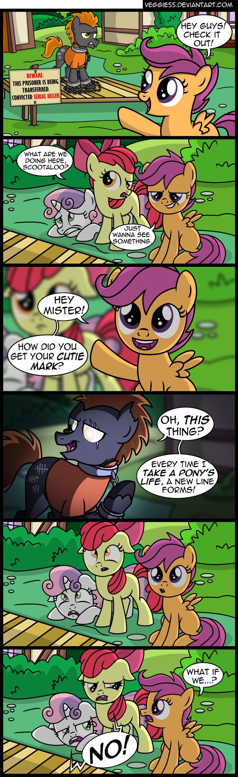 2015 amber_eyes apple_bloom_(mlp) blind bush chain comic dialogue english_text equine female friendship_is_magic green_eyes hair horn horse male mammal my_little_pony pegasus pony prisoner purple_eyes purple_hair red_hair scar scared scootaloo_(mlp) shackles solo sweetie_belle_(mlp) tally_marks text unicorn veggie55 wings