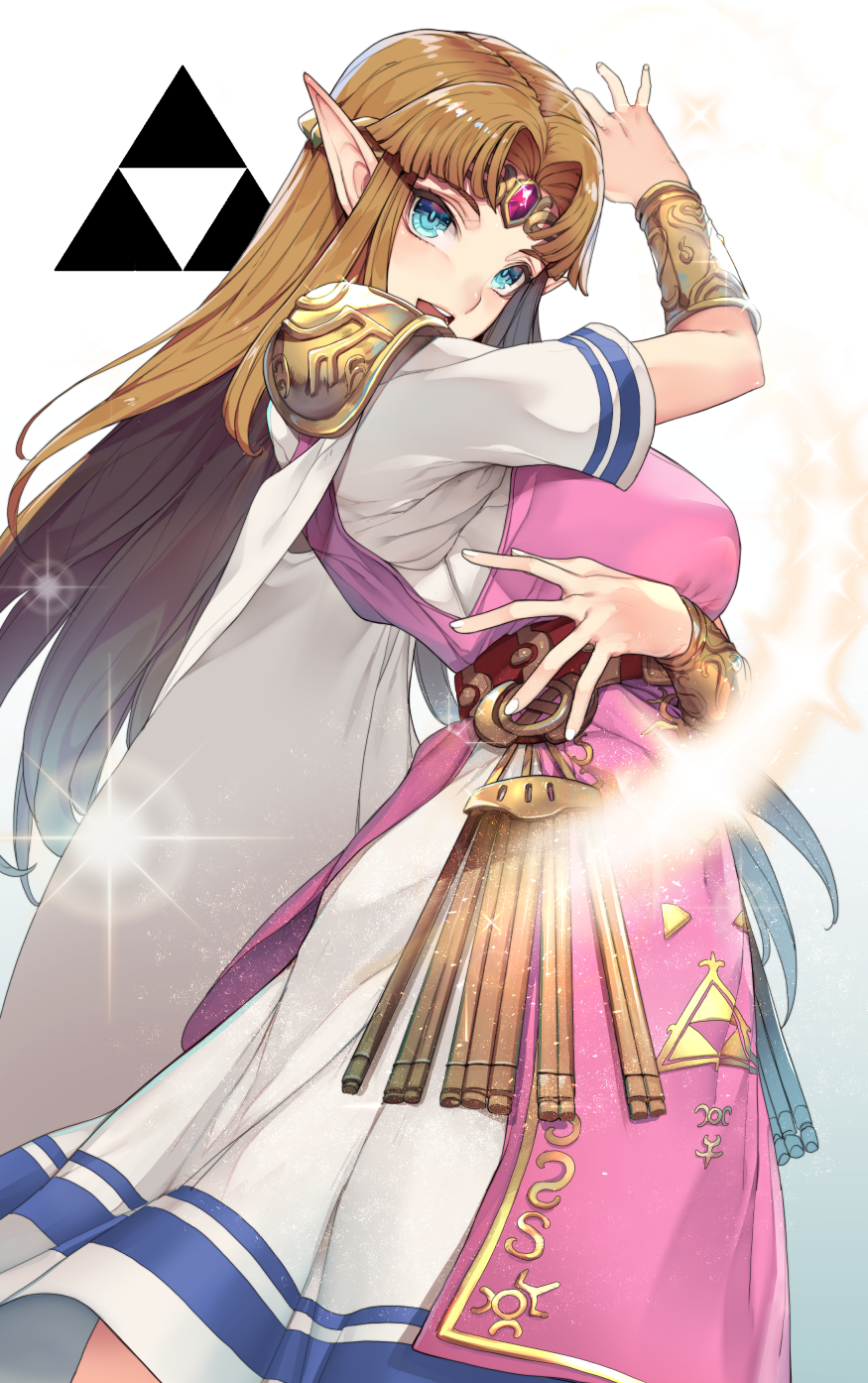 1girl :d alternate_breast_size arm_under_breasts arm_up bangle bangs blonde_hair blue_eyes bracelet breasts cape circlet dress forehead_jewel gem highres jewelry kamaboko_(ossann0125) large_breasts lens_flare long_hair looking_at_viewer nail_polish nintendo open_mouth parted_bangs pointy_ears pose princess_zelda shoulder_armor smile solo super_smash_bros. super_smash_bros._ultimate tabard the_legend_of_zelda the_legend_of_zelda:_a_link_between_worlds triforce tunic white_cape white_dress white_nails