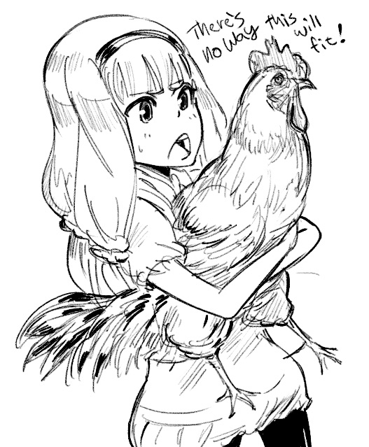 1girl bird chicken drawfag hoshimiya_kate monochrome pun rooster sekai_seifuku:_bouryaku_no_zvezda series_request