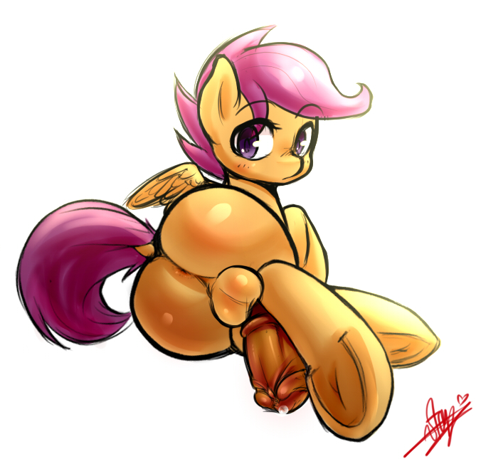 2015 balls butt dickgirl dock equine feral friendship_is_magic hair hooves intersex lying mammal my_little_pony on_side pegasus penis plain_background precum purple_eyes purple_hair scootaloo_(mlp) solo starykrow underhoof white_background wings young