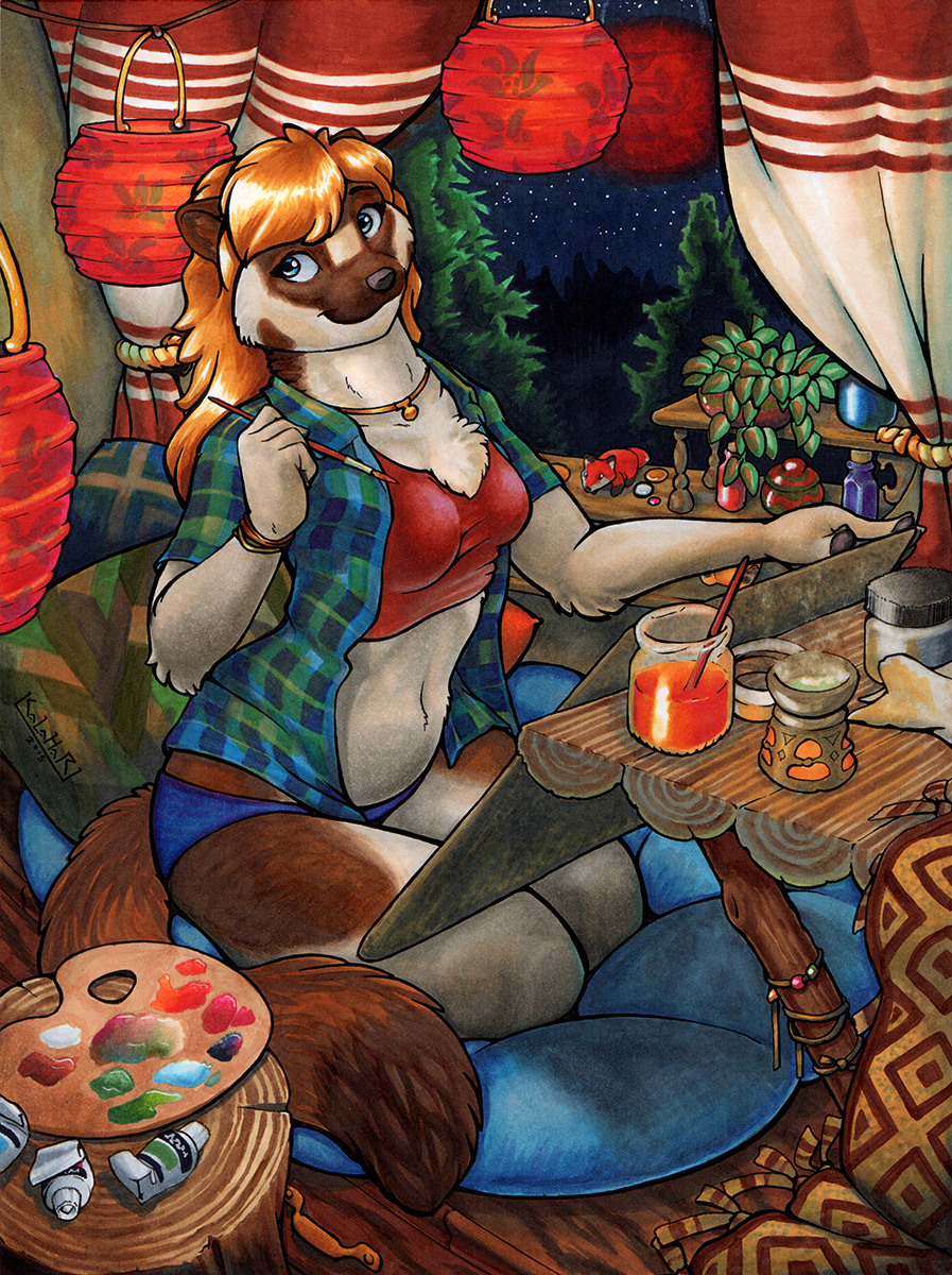 2015 anthro artist blue_eyes breasts cushion female forrest kalahari lantern looking_at_viewer mammal mustelid necklace paint paws rug sitting smile solo table weasel window