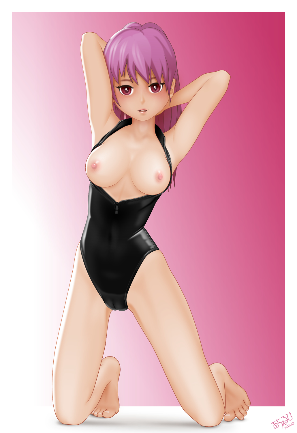 acerbi breasts feet front_zipper_swimsuit full_body highres kneeling long_hair medium_breasts meme_attire nipples one-piece_swimsuit open_clothes original pink_hair red_eyes simple_background solo swimsuit toenails toes