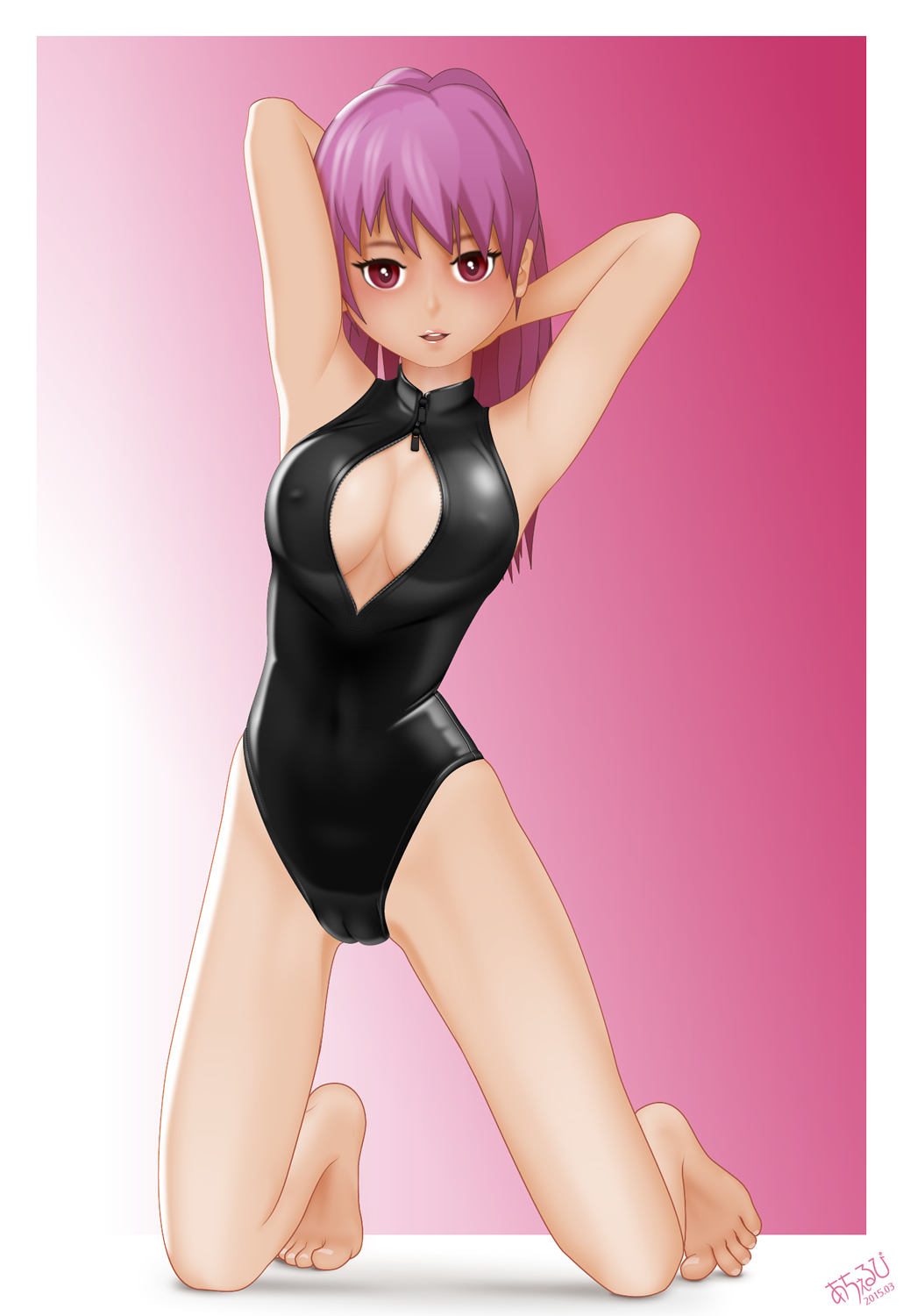 acerbi barefoot breasts cleavage feet front_zipper_swimsuit full_body highres kneeling large_breasts long_hair meme_attire one-piece_swimsuit original pink_hair red_eyes simple_background solo swimsuit toes