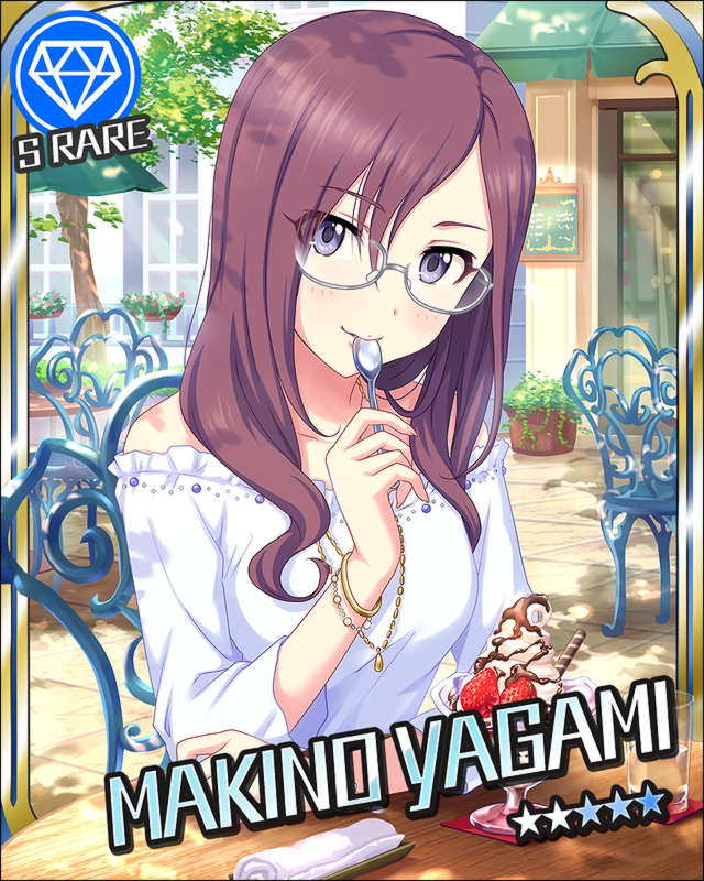 artist_request bracelet brown_hair cafe card_(medium) chair character_name cup day diamond drinking_glass food fruit glass glasses ice_cream idolmaster idolmaster_cinderella_girls jewelry jpeg_artifacts long_hair necklace official_art outdoors outside_border plant potted_plant purple_eyes sitting solo source_request star strawberry sundae table tree upper_body wafer_stick yagami_makino