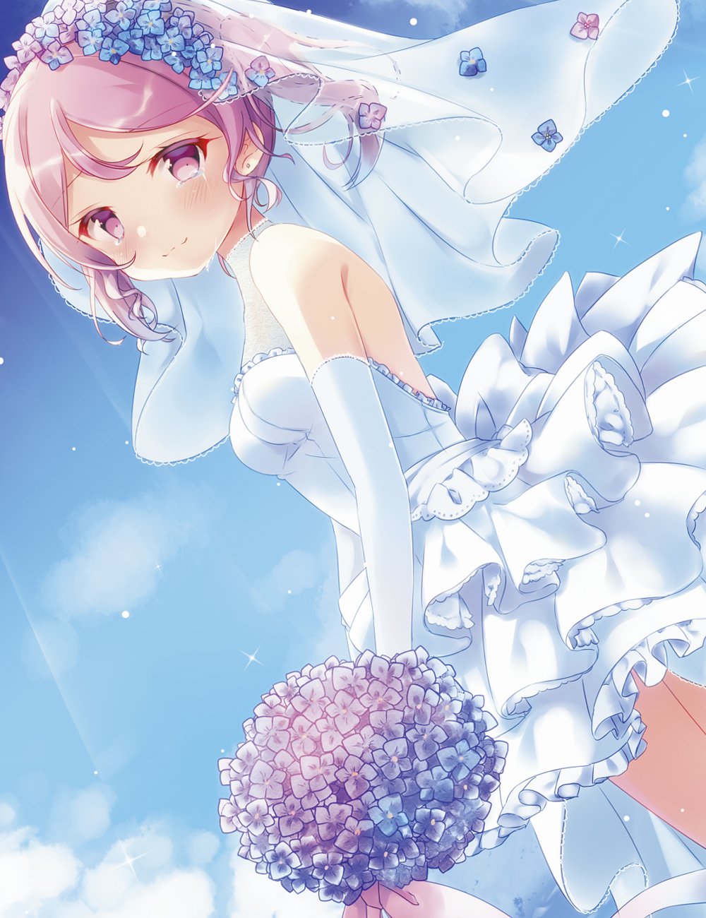 1girl alternate_costume alternate_hairstyle blue_sky bouquet bridal_veil cloud commentary_request day dress drill_hair dutch_angle elbow_gloves flower gloves head_wreath highres kantai_collection kida_mochi looking_at_viewer outdoors pink_eyes pink_hair sazanami_(kantai_collection) short_hair sky solo twintails veil wedding_dress white_dress white_gloves