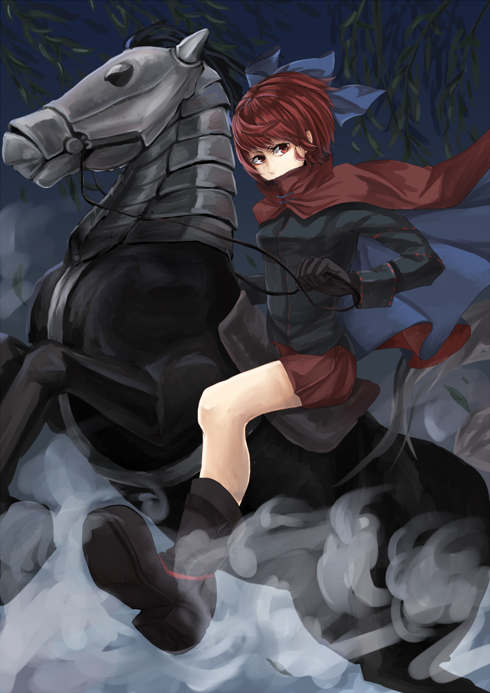 armor blue_background boots bow cape covering_mouth gloves hair_bow headless_horseman horse horseback_riding kuro_ni long_sleeves looking_at_viewer microskirt red_eyes red_hair reins riding sekibanki short_hair skirt smoke solo touhou willow wind