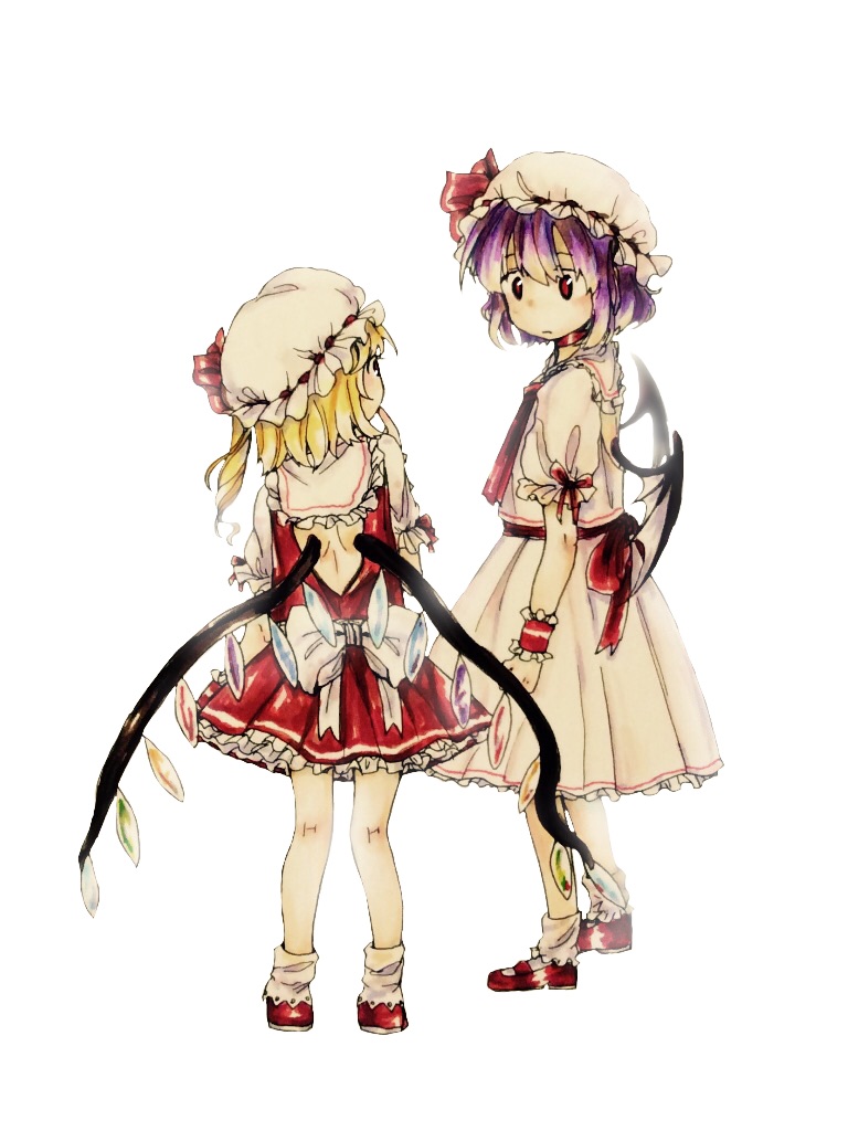 arm_ribbon back_cutout bat_wings blonde_hair bow choker clenched_hand commentary_request dress expressionless eye_contact finger_to_mouth flandre_scarlet frilled_shirt_collar frills from_behind hat hat_bow height_difference looking_at_another looking_down looking_up marker_(medium) mary_janes mob_cap multiple_girls purple_hair red_dress red_eyes remilia_scarlet ribbon ribbon-trimmed_headwear ribbon_trim shoes short_hair short_sleeves siblings side_ponytail simple_background sisters socks touhou traditional_media umikinoko_(umitake) white_background white_dress wings wrist_cuffs