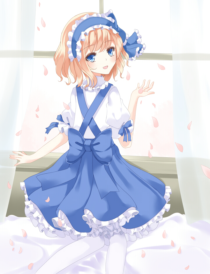 alice_margatroid alice_margatroid_(pc-98) blonde_hair blue_eyes blue_hairband bow curtains dress frilled_skirt frills from_behind hairband hand_up layered_dress lolita_hairband looking_at_viewer looking_back nanatuki13 open_mouth pantyhose petals puffy_short_sleeves puffy_sleeves ribbon short_sleeves skirt smile solo touhou touhou_(pc-98) white_legwear window