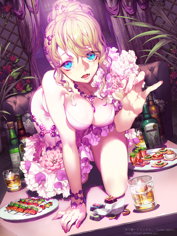 all_fours ayase_eli bent_over blonde_hair blue_eyes bracelet breasts chocolate cleavage copyright_name dress drink dutch_angle feeding food frilled_dress frills glass jewelry large_breasts looking_at_viewer love_live! love_live!_school_idol_project nail_polish necklace on_table open_mouth pika_(kai9464) pink_dress pinky_out plate pov_feeding solo table tenka_touitsu_chronicle