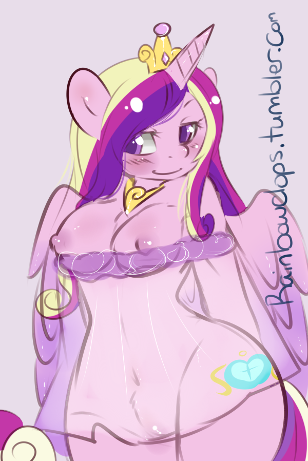 anthro anthrofied areola blush breasts clothed clothing crown cutie_mark dress english_text equine female friendship_is_magic hair half-closed_eyes half-dressed horn horse mammal my_little_pony nipples plain_background pony princess_cadance_(mlp) pussy rainbowclops royalty smile solo text two_tone_hair white_background wide_hips wings